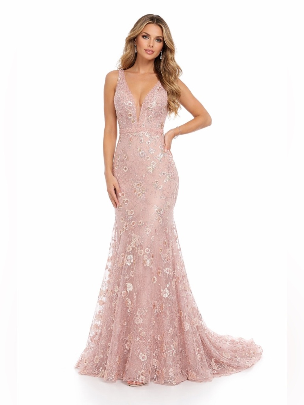 Mac Duggal Embroidered Gown Rose Gold Floral Sequin Mesh Elegant Formal Dress 6